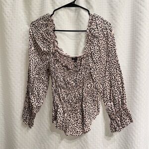 Who What Wear Blush Pink Leopard-Print Smocked Square-Neck Top